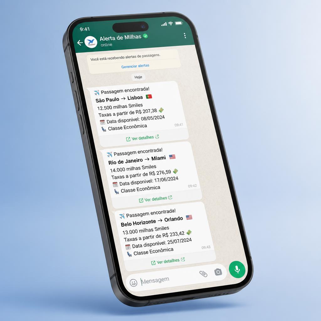 Celular mostrando exemplos de alertas de passagens com milhas no WhatsApp
